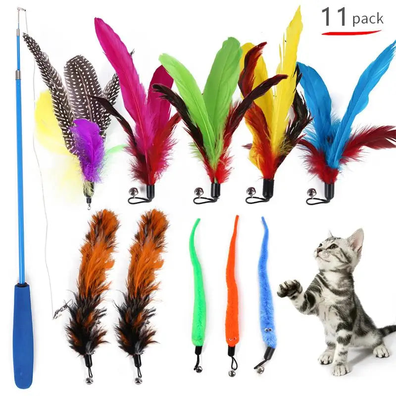 11pcs Replacement Cat Feather Toy Set Feather Replacement Head Retractable Cat Stick