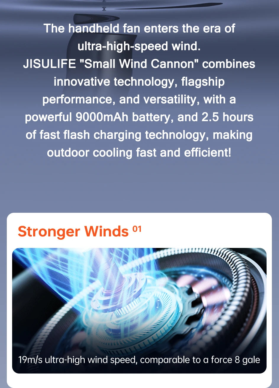 JISULIFE Portable Turbo Handheld Fan, 9000 mAh Battery, LED Display, Outdoor Camping