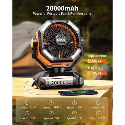 20000mAh Battery Camping Fan with 4 LED Lantern 8 Speeds Desk Fan Portable Outdoor Fan for Outdoor Camping