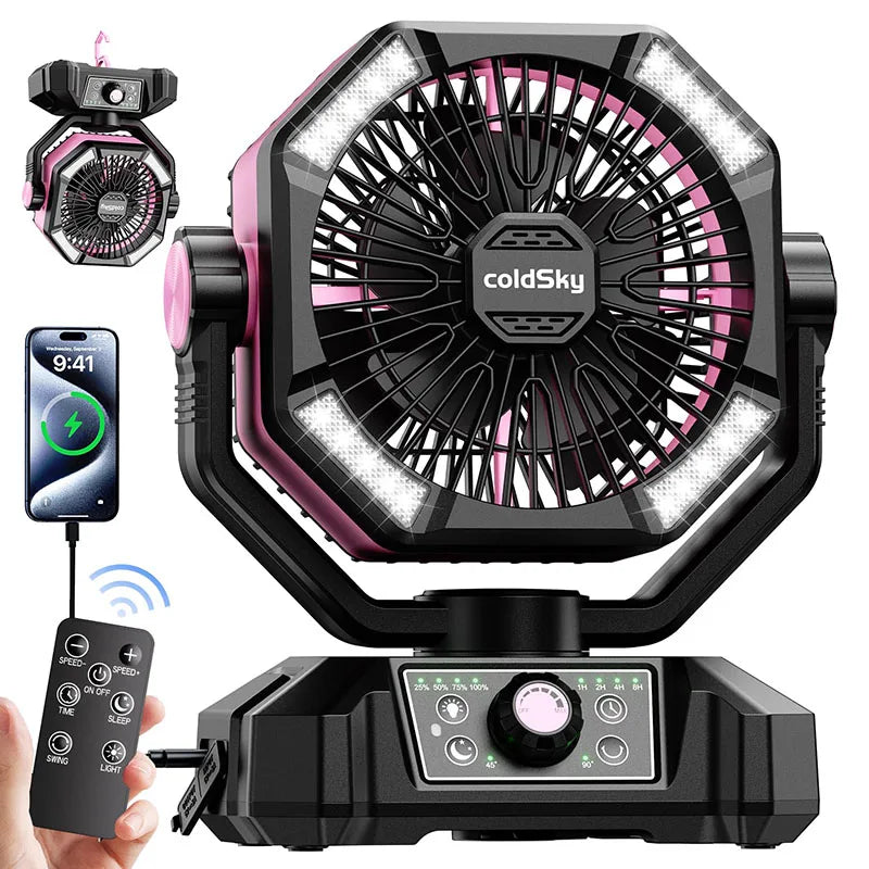 20000mAh Battery Camping Fan with 4 LED Lantern 8 Speeds Desk Fan Portable Outdoor Fan for Outdoor Camping