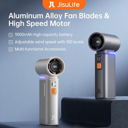 JISULIFE Portable Turbo Handheld Fan, 9000 mAh Battery, LED Display, Outdoor Camping