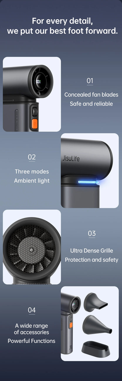 JISULIFE Portable Turbo Handheld Fan, 9000 mAh Battery, LED Display, Outdoor Camping