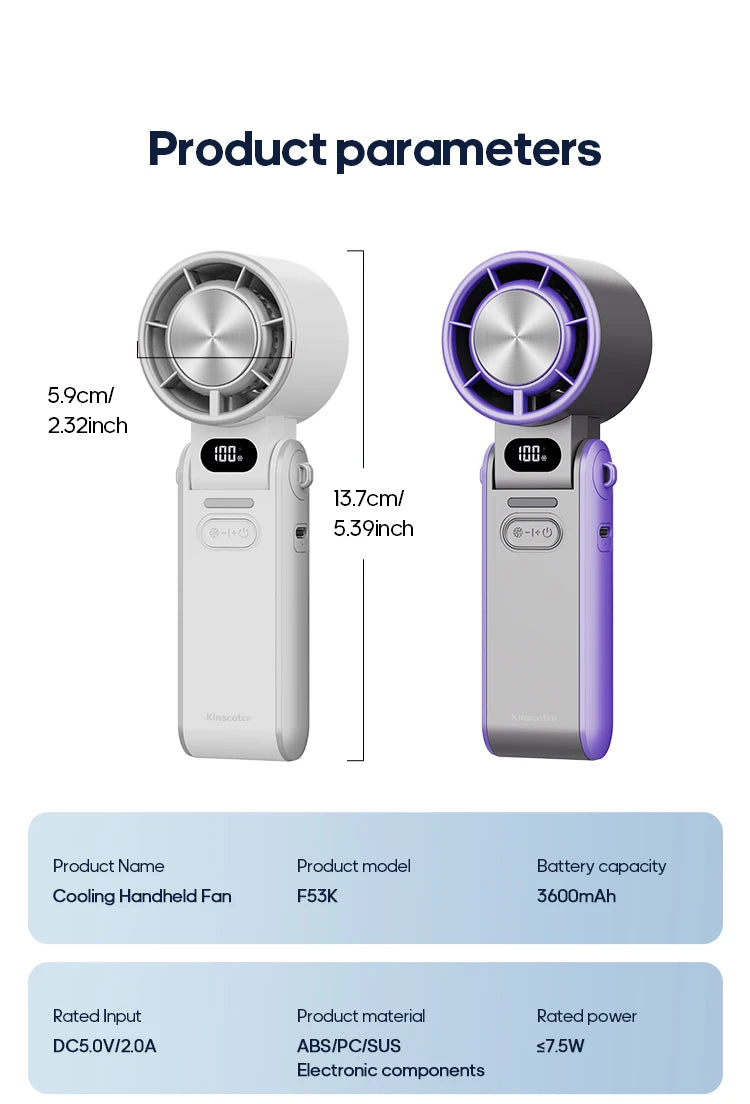Portable High Speed Cooling Handheld Fan 3600mAh Rechargeable Foldable Fan