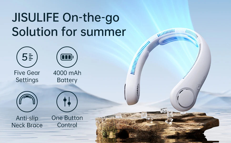 JISULIFE Portable Neck Fan,5000mAh Battery, Necksupport, 5 Speeds Gears Adjustment