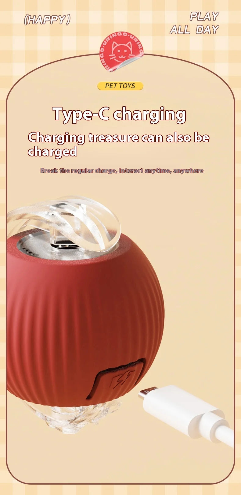 Cat Interactive Ball Toys Automatic Rolling Ball Faux Tail Rechargeable