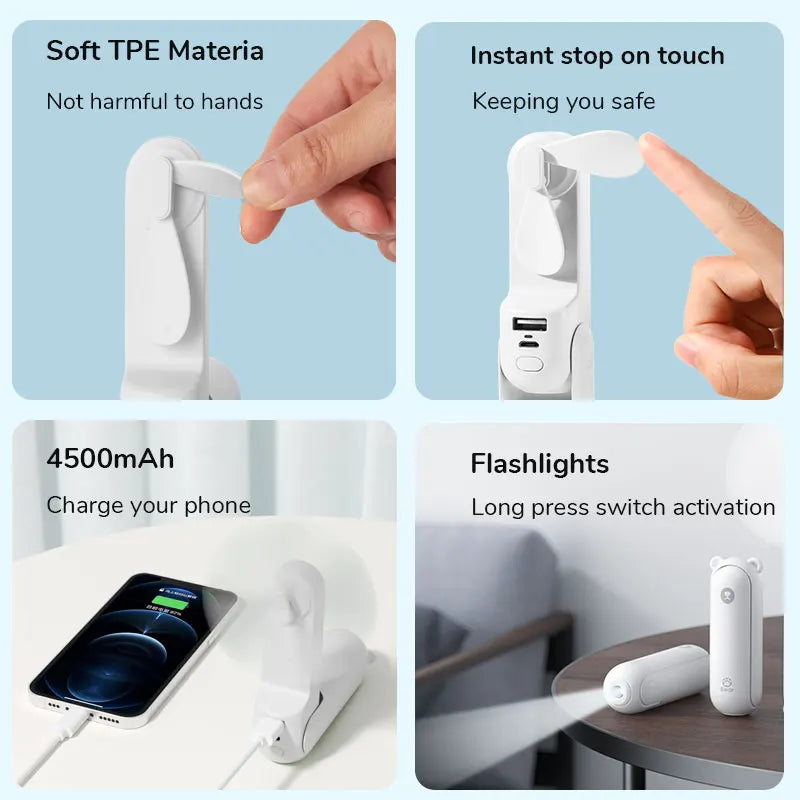 JISULIFE Portable Fan Mini Handheld Fan USB 4500mAh,Small 3 in1 Pocket Fan with Power Bank Flashlight Feature