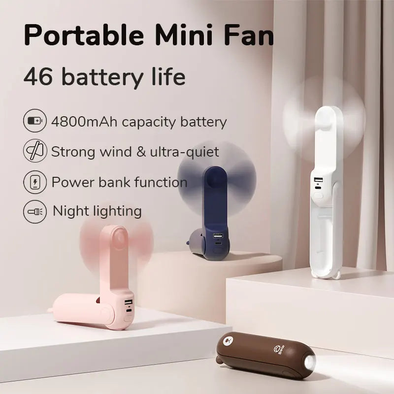 JISULIFE Portable Fan Mini Handheld Fan USB 4500mAh,Small 3 in1 Pocket Fan with Power Bank Flashlight Feature
