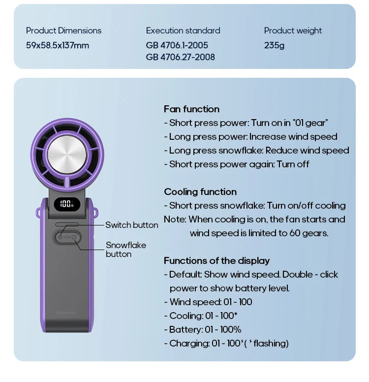 Portable High Speed Cooling Handheld Fan 3600mAh Rechargeable Foldable Fan