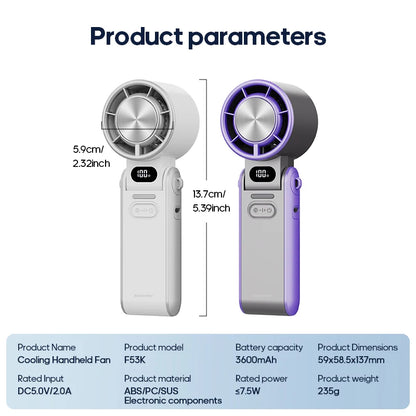 Portable High Speed Cooling Handheld Fan 3600mAh Rechargeable Foldable Fan