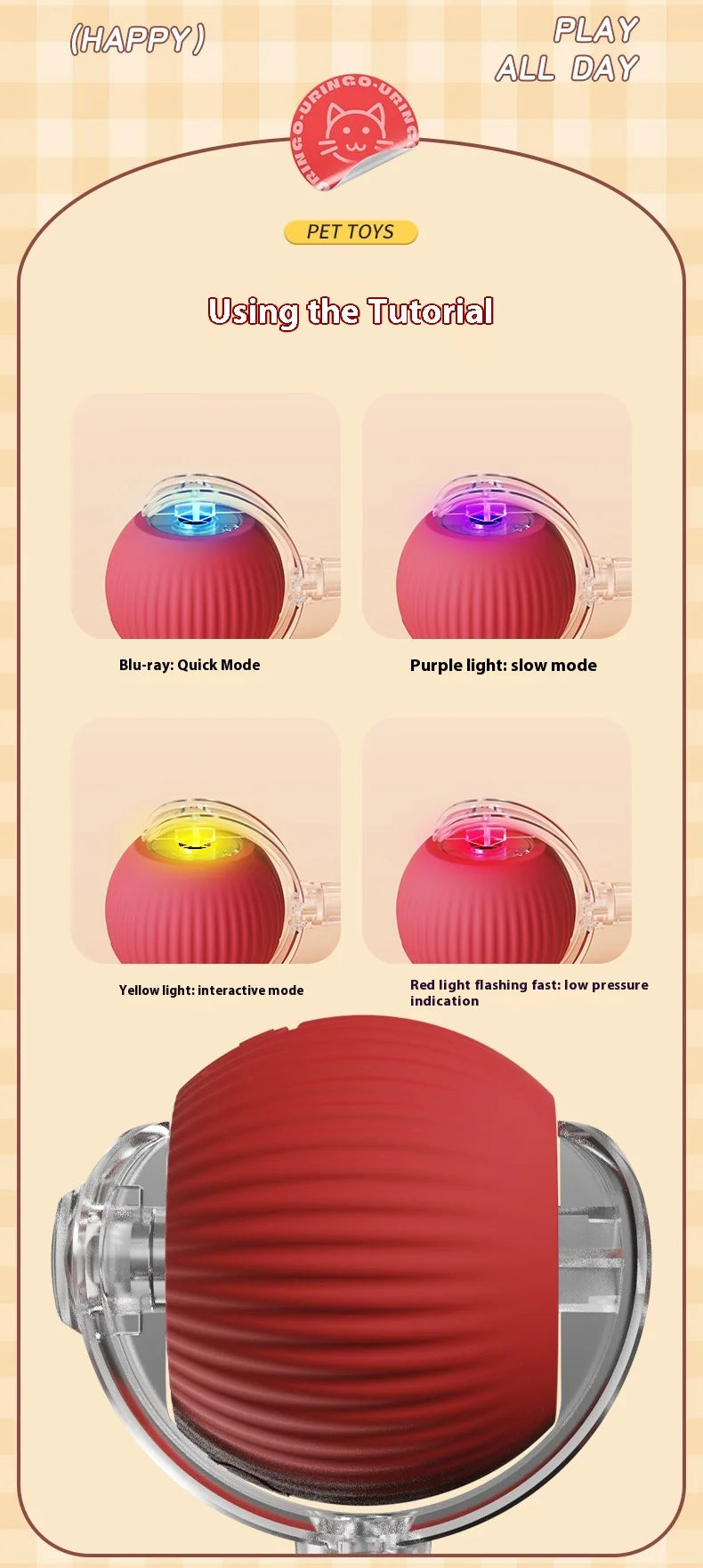Cat Interactive Ball Toys Automatic Rolling Ball Faux Tail Rechargeable