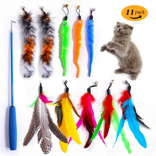 11pcs Replacement Cat Feather Toy Set Feather Replacement Head Retractable Cat Stick