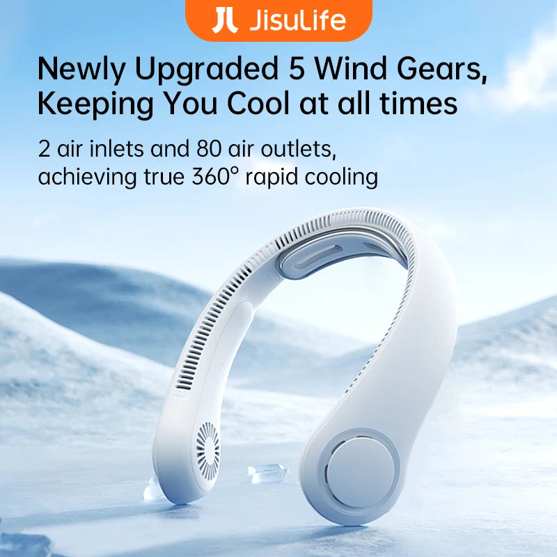 JISULIFE Portable Neck Fan,5000mAh Battery, Necksupport, 5 Speeds Gears Adjustment