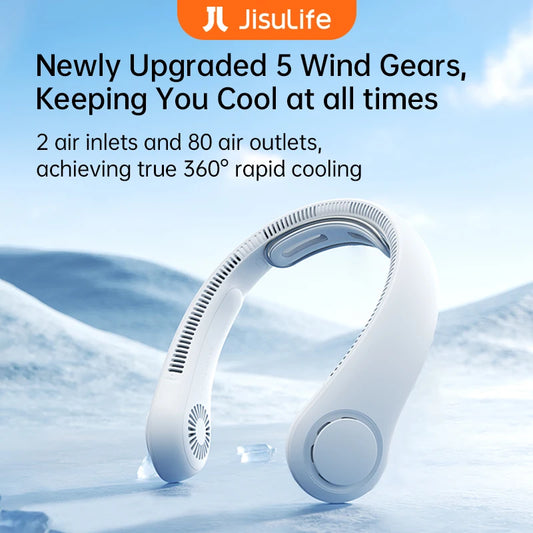 JISULIFE Portable Neck Fan,5000mAh Battery, Necksupport, 5 Speeds Gears Adjustment