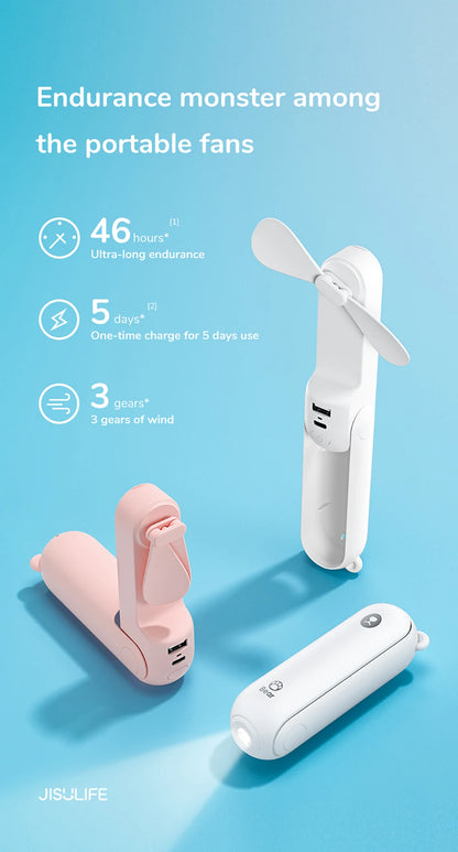 JISULIFE Portable Fan Mini Handheld Fan USB 4500mAh,Small 3 in1 Pocket Fan with Power Bank Flashlight Feature