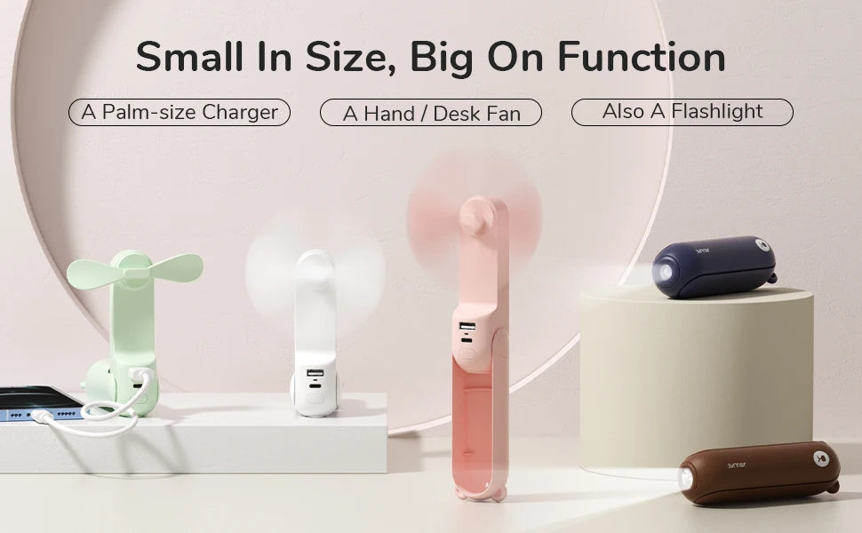 JISULIFE Portable Fan Mini Handheld Fan USB 4500mAh,Small 3 in1 Pocket Fan with Power Bank Flashlight Feature