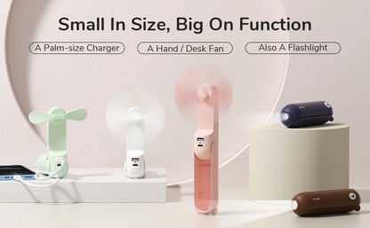 JISULIFE Portable Fan Mini Handheld Fan USB 4500mAh,Small 3 in1 Pocket Fan with Power Bank Flashlight Feature